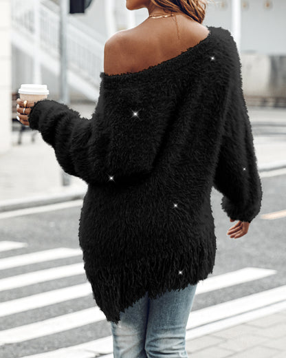 V-Neck Long Sleeve Sweater Fringe Pullover Casual Tassel Fall Winter Top