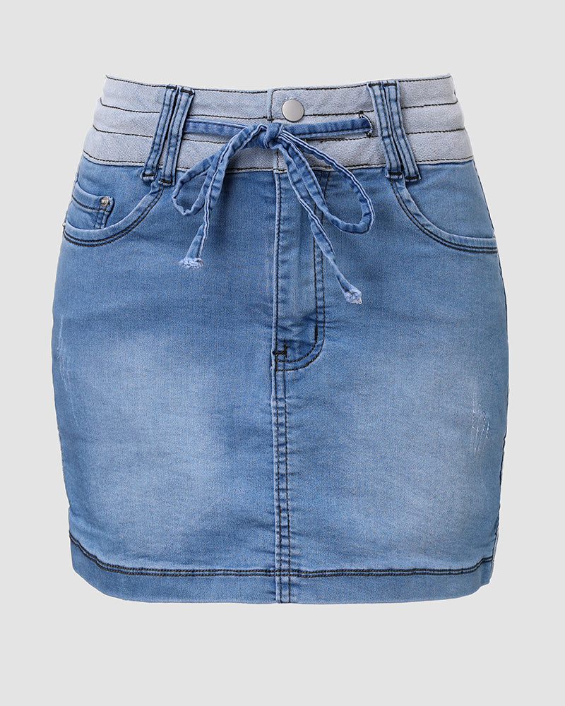 Contrast Paneled Zipper Fly Drawstring Elastic Waist Casual Denim Skort