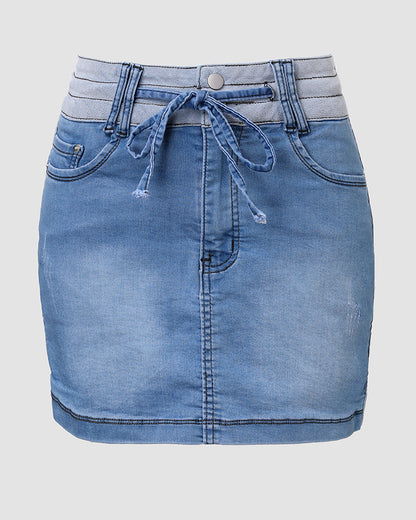 Contrast Paneled Zipper Fly Drawstring Elastic Waist Casual Denim Skort