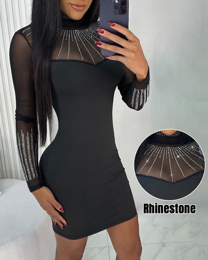 Long Sleeve Rhinestone Decor Bodycon Dress High Neck Sheer Mesh Patch Mini Dress