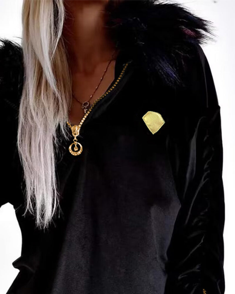 Velvet Fuzzy Trim Hooded Mini Dress Long Sleeve Zipper Design Sweatshirt Pullover Casual Dress