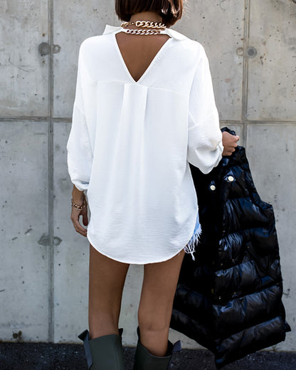 Metal Chain Decor Turn-down Collar Turn-Up Sleeves Front Button Shirt Casual Backless Asymmetrical Hem Top