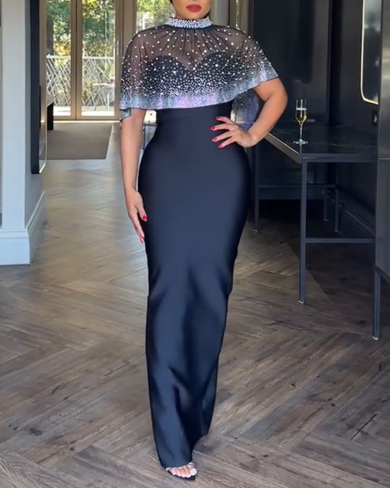 2 Pieces Outfit Detachable & Adjustable Spaghetti Straps Zipper Back Slit Slim Fit Maxi Dress Rhinestone & Pearls Decor High Neck Zipper Back Sheer Mesh Poncho Cape