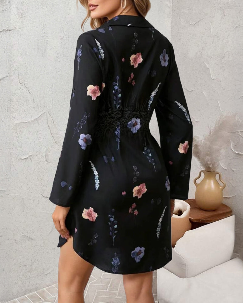 Watercolor Floral Print Turn-down Collar Turn-Up Sleeves Shirred Back Shirt Dress Casual Button Down Cinched Waist Asymmetrical Hem Vacation Dress