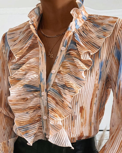 Tie Dye Print Stand Collar Flared Cuffs Button Front Blouse Casual Ruffles Design Pleated Top