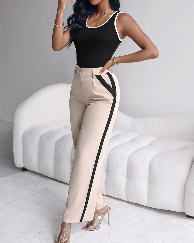 2 Piece Contrast Binding Sleeveless Slim Fit Tank Top and Striped Pants Sets Tracksuits Match Sets