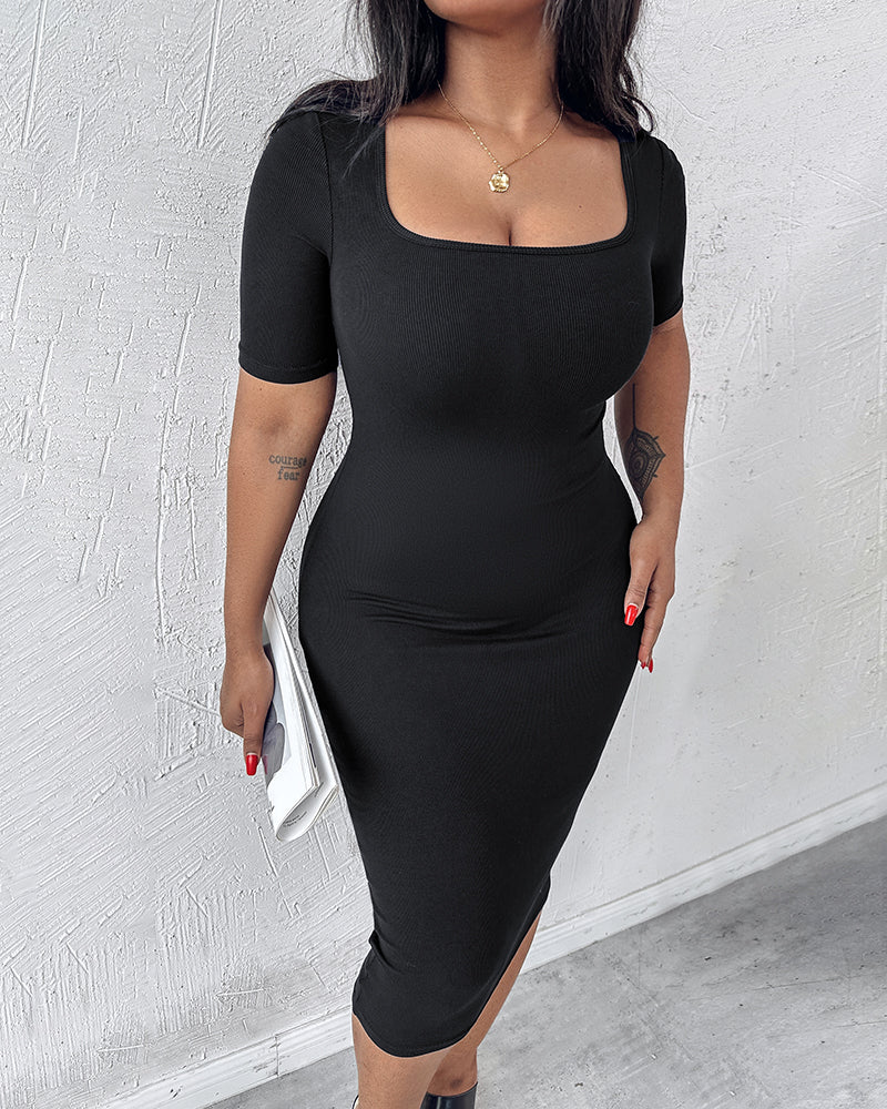 ChicMe Short Sleeve Bodycon Mid-Length Dress Square Neck Slim Fit Dress