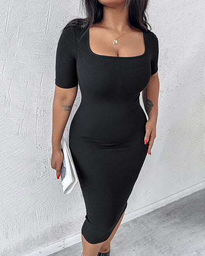 ChicMe Short Sleeve Bodycon Mid-Length Dress Square Neck Slim Fit Dress