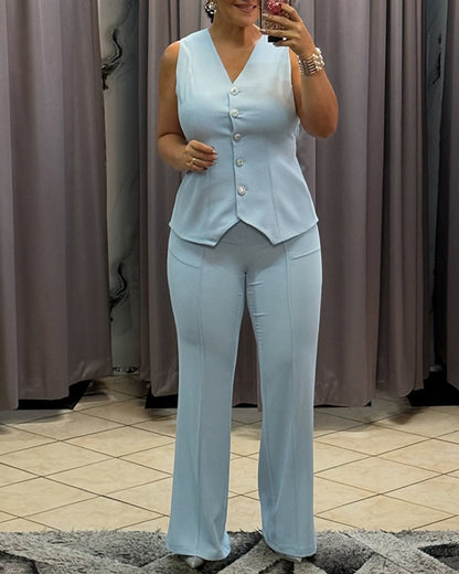2 Pieces Outfit Plain Sleeveless V-Neck Tank with Button Details and Casual Wide Leg Pants Set