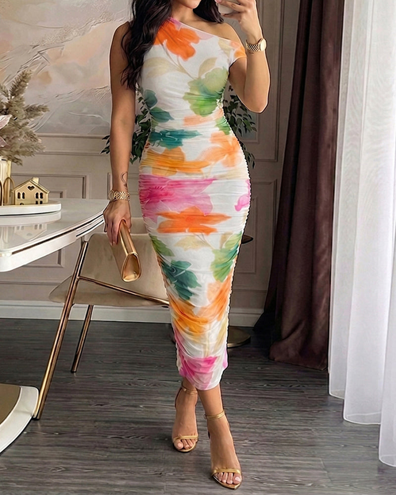 Women's Skew Neck Watercolor Floral Mesh Mid-length Dress Ruched Bodycon Long Dress