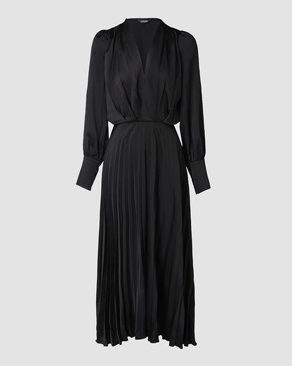 Elegant Women's Puff Long Sleeve V-neck Pleated Maxi Dress Dinner Dress (Without Belt)