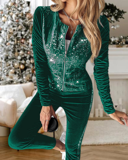 2 Pieces Outfit Contrast Sequin Ruched Long Sleeve Zip Up Coat and Elastic Waist Pants Set Casual Slim Fit Velvet Tracksuit
