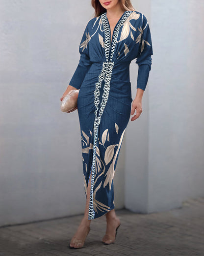 Plants Placement Print Contrast Paneled Deep V-Neck Batwing Sleeve Front Slit Dress Ruched Cinched Waist Vacation Dress