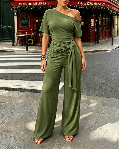 Women's Skew Neck 2 Piece Outfits Ruched Tie Waist Short Sleeve Top and High Waisted Wide Leg Pants Lounge Set