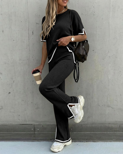 2 Pieces Outfit Round Neck Short Sleeve High-Low Hem Top and Elastic Waist Straight Leg Pants Set Casual Contrast Paneled Side Slit Knit Loungewear Set