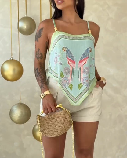 Tropical Animal & Plants Print Square Neck Adjustable Spaghetti Straps Top Sexy Backless Tie Back Asymmetrical Hem Cami Top