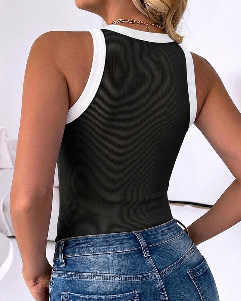 Women's Contrast Binding Racerback Tank Top Slim Fit Ribbed Crewneck Top
