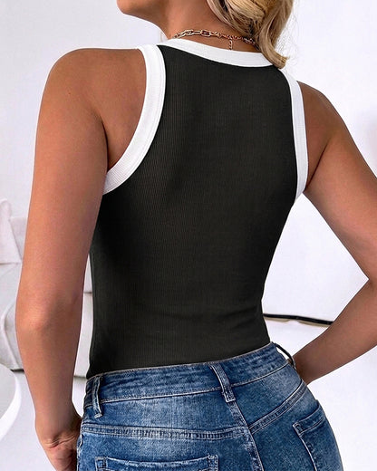Women's Contrast Binding Racerback Tank Top Slim Fit Ribbed Crewneck Top