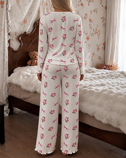 Women's Floral Bow Print Frill Trim Pajama Set Lace U-Neck Henley Long Sleeve Top and Pants Lounge Set