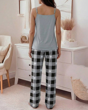 2 Pieces Outfit Eyelash & Sleep Letter Print U-Neck Adjustable Spaghetti Straps Cami Top and Plaid & Heart Print Elastic Waist Wide Leg Pants Set Casual Pajamas Set