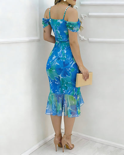 CHICME Women's Watercolor Floral Print Mesh Ruffle Hem Dress Pearls Decor Strap Cowl Neck Slit Bodycon Dress