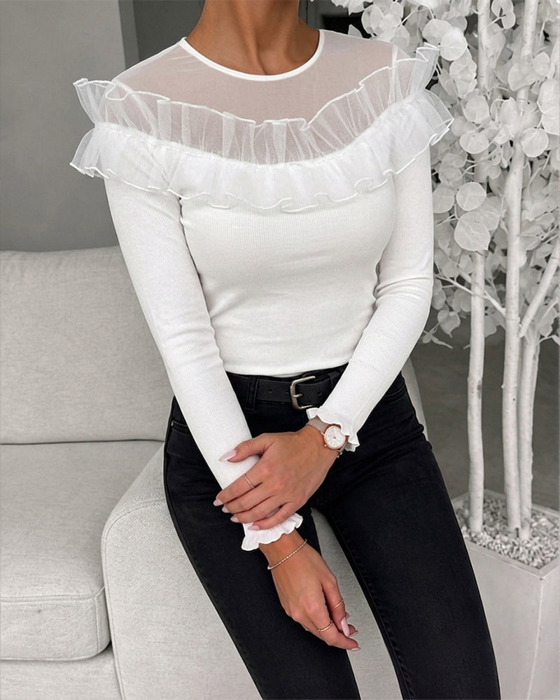 Women's Ruffle Sheer Mesh Spliced Long Sleeve Ribbed Knit Top