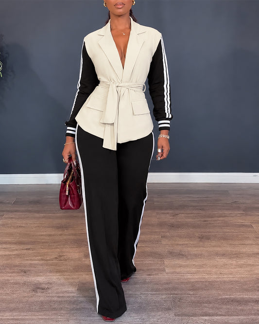 Women's 2 Piece Contrast Side Striped Outfits Lapel Collar Colorblock Top and Straight Leg Pants with Belt