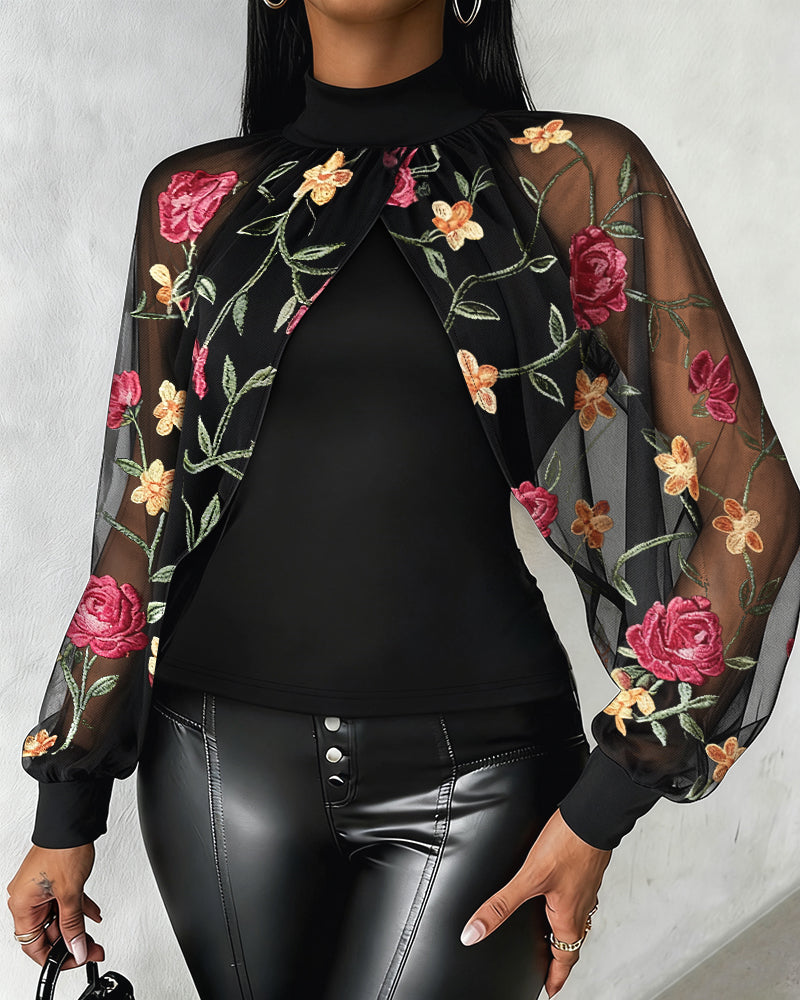 Mock Neck Floral Embroidery Cape-style Mesh Lantern Sleeve Spliced Blouse Ruched Hollow-out Back Slim Fit Top