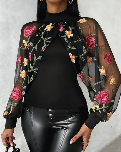 Mock Neck Floral Embroidery Cape-style Mesh Lantern Sleeve Spliced Blouse Ruched Hollow-out Back Slim Fit Top