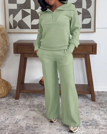 Women's 2 Piece Ribbed Lounge Set Half Zip Long Sleeve Sweatshirt and Straight Leg Pants Casual Sweatpants Set