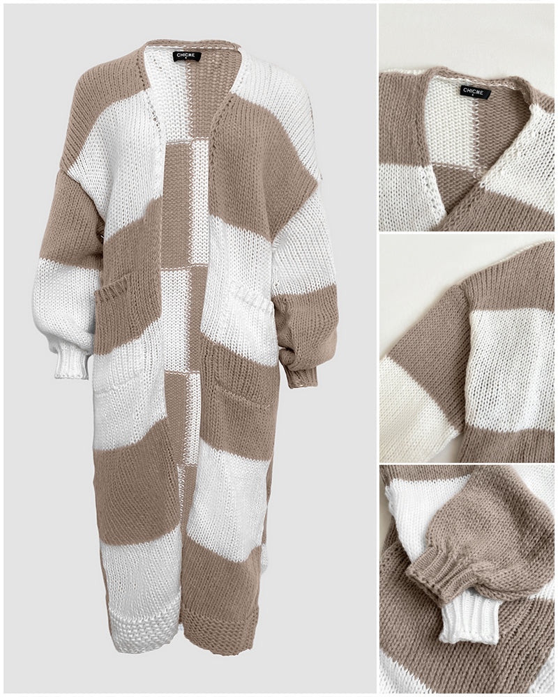 Women's Checkerboard Knit Cardigan Oversized Long Chunky Sweater Loose Lantern Sleeve Coat with Pockets