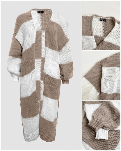 Women's Checkerboard Knit Cardigan Oversized Long Chunky Sweater Loose Lantern Sleeve Coat with Pockets