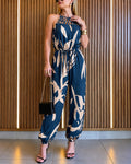 Women's Floral Halter Tie Jumpsuit Sexy Hollow-out High Waisted Drawstring Jogger Jumpsuits with Pockets