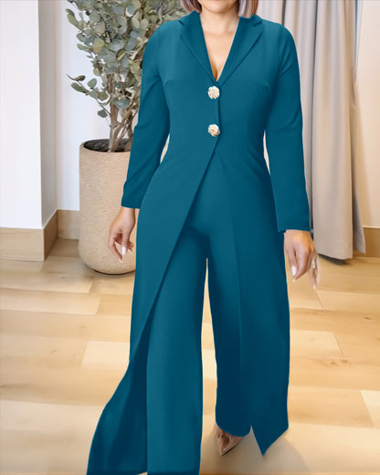 Notched Collar Long Sleeve Button Front Jumpsuit Casual Cinched Waist Wide Leg Faux Two Piece Jumpsuit