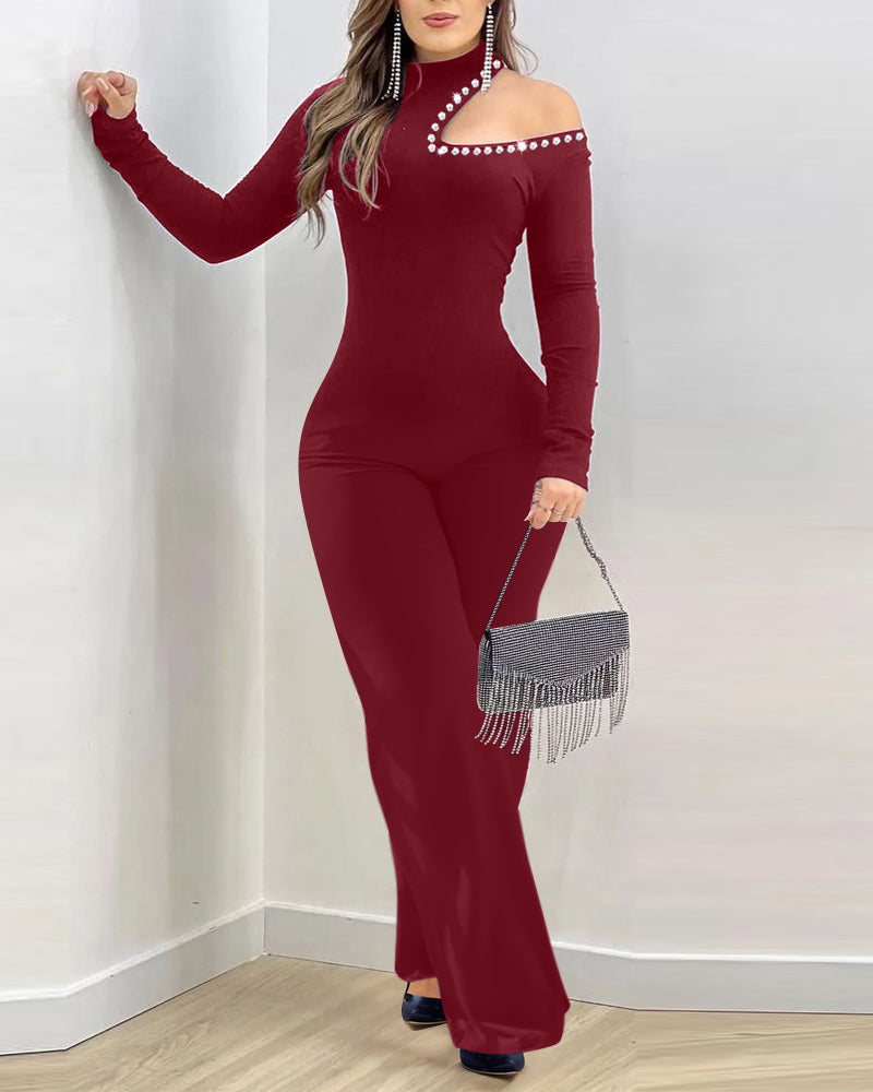 Rhinestone Cold Shoulder High Neck Jumpsuit Long Sleeve Slim Fit Flared Jumpsuit