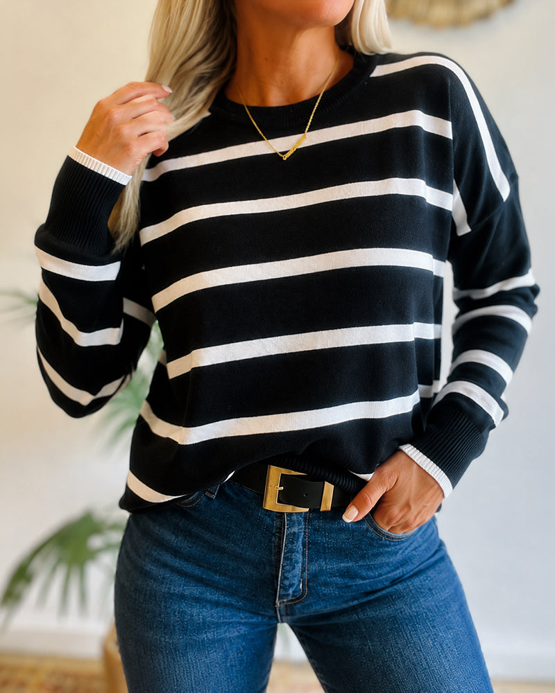 Women's Striped Drop Shoulder Sweater Casual Crewneck Long Sleeve Pullover