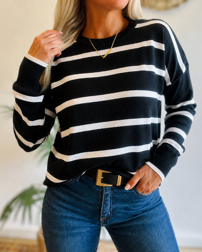 Women's Striped Drop Shoulder Sweater Casual Crewneck Long Sleeve Pullover