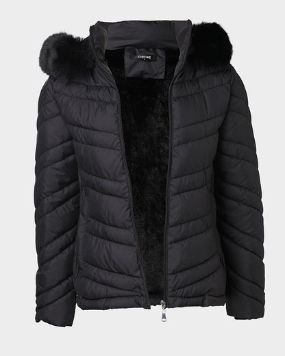 Zipper Pocket Design Shirred Fuzzy Trim Fleece Lined Hooded Puffer Jacket