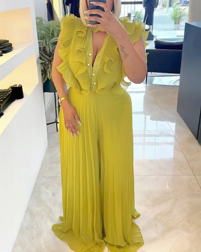 Ruffles Spliced V-Neck Sleeveless Button Front Pleated Overalls Casual Zipper Back Wide Leg Jumpsuit