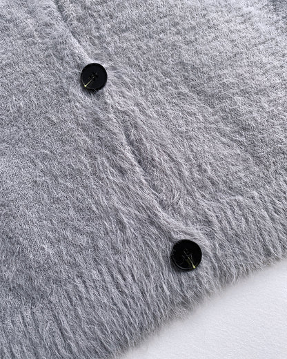 V-Neck Single Breasted Fuzzy Cardigan Casual Minimalist Sweater Coat