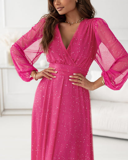 Women's Glitter Mesh Maxi Dress Feather Embellished Overlap V-Neck Lantern Sleeve Formal Dress Elegant Evening Gown