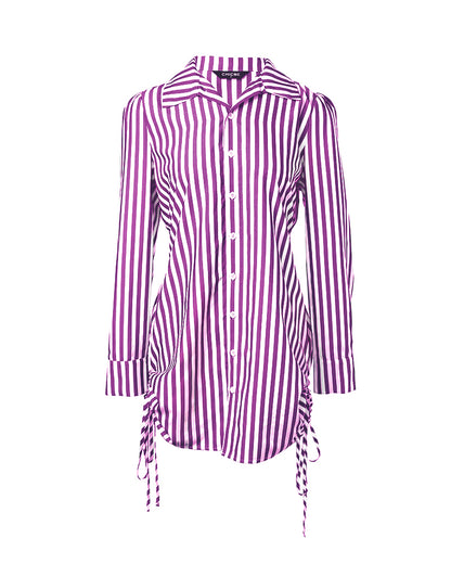 Striped Turn-down Collar Long Sleeve Dress Button Drwastring  Shirred Dress