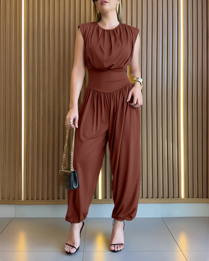 Padded Shoulders Sleeveless Cinched Waist Side High Slit Overalls Casual Hollow-out Back Ruched Jumpsuit