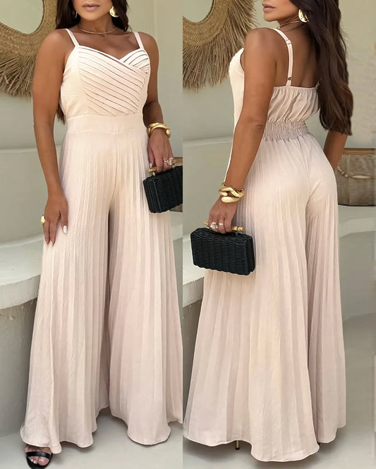 Pleated Design V Neck Adjustable Spaghetti Straps Cinched Waist Overalls Casual Pleated Flared Jumpsuit