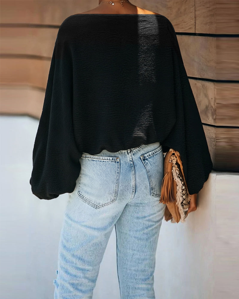 Women's French Style Off Shoulder Blouse Elegant Lantern Sleeve Top Versatile Skew Neck Textured Shirt