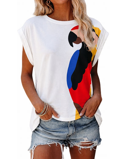Women's Parrot Graphic Tee Loose Crewneck Cuffed Cap Sleeve T-Shirt Casual Top