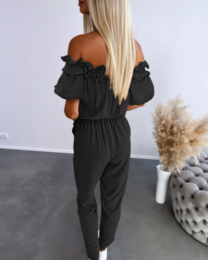 Off Shoulder Frill Hem Tied Detail Jumpsuit