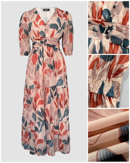 Plants Print V-Neck Half Sleeve Shirred Back Maxi Dress Casual Button Decor Ruched Ruffle Hem Vacation Dress