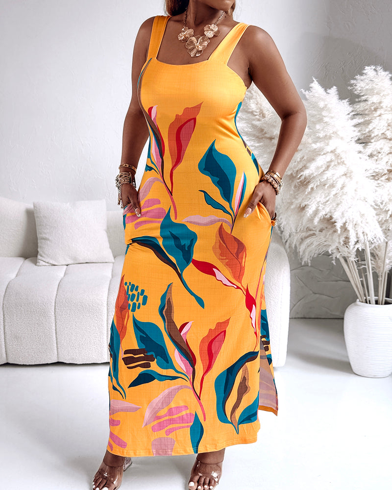 Tropical Print Thick Strap U-neckline Slim Fit Slit Maxi Dress Vocation Dress with Pockets