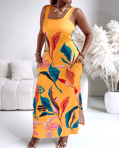 Tropical Print Thick Strap U-neckline Slim Fit Slit Maxi Dress Vocation Dress with Pockets